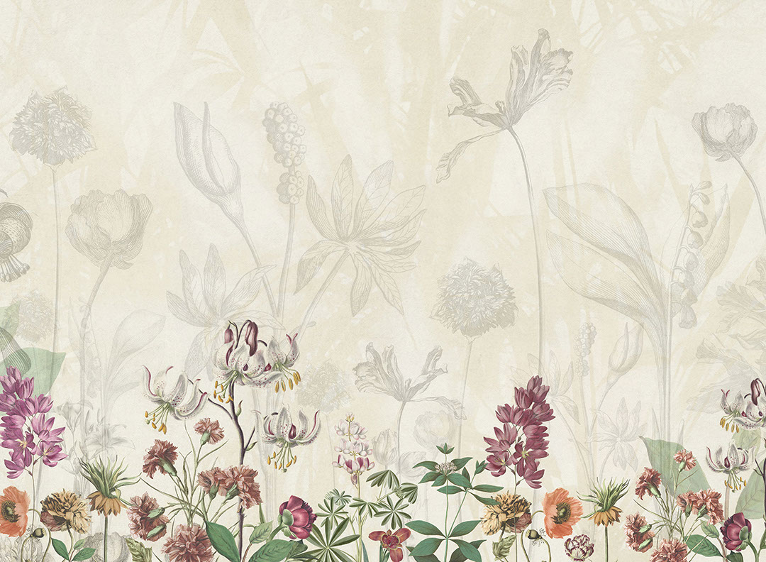 Delicate flowers drawn in pencil on the beige background wall mural
