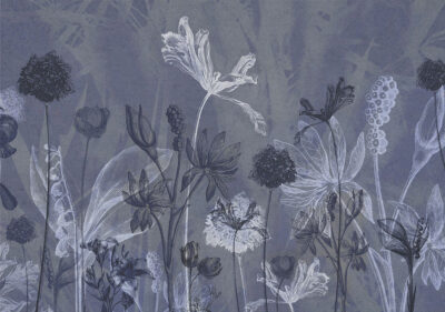 Delicate outlines of flowers on a blue background wall mural