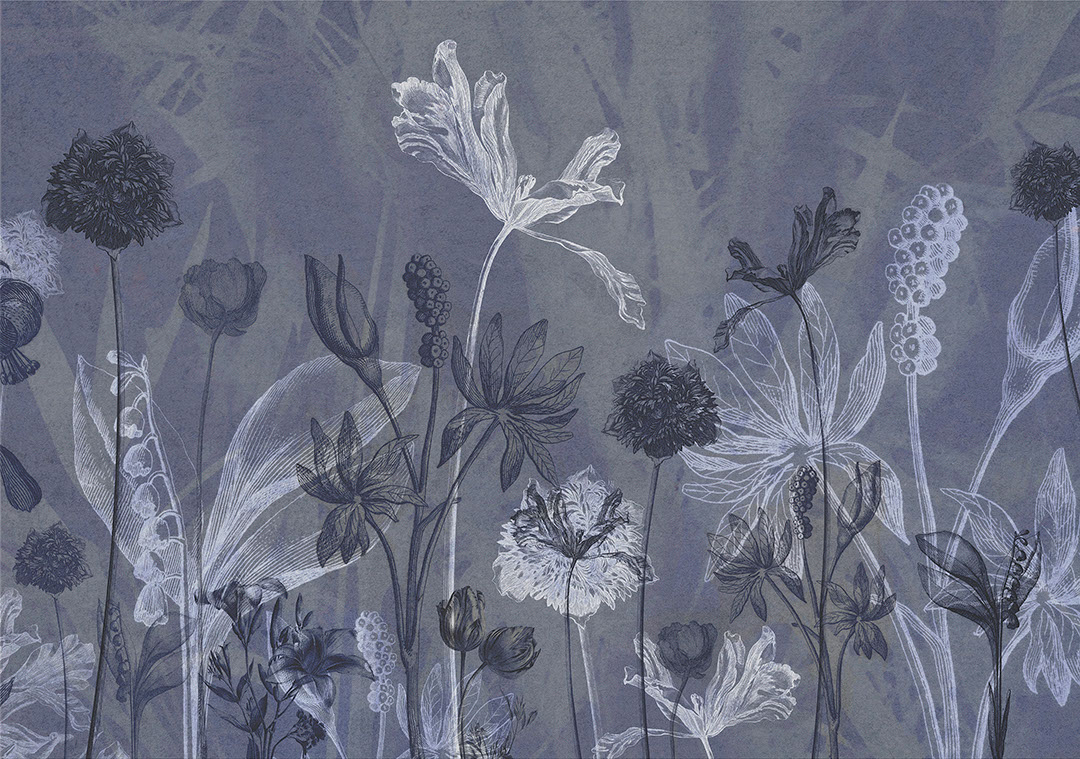 Delicate outlines of flowers on a blue background wall mural