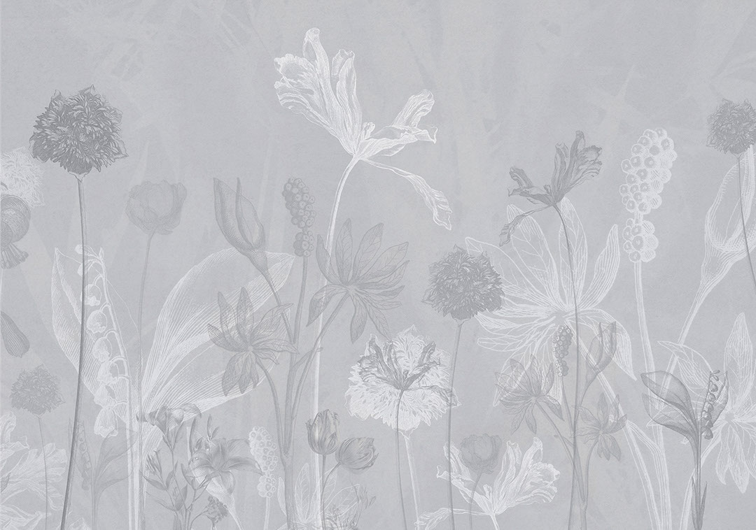 Delicate outlines of flowers on a grey background wall mural