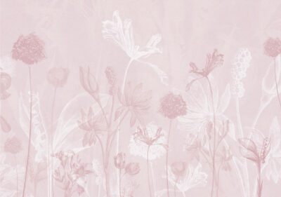 Delicate outlines of flowers on a pink background wall mural