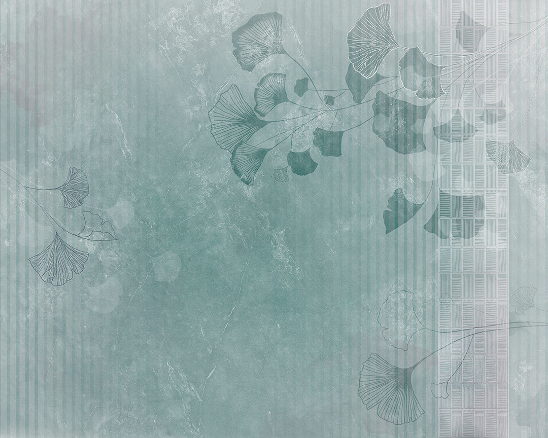 White Ginkgo leaves wall mural in Asian style on the blue striped background