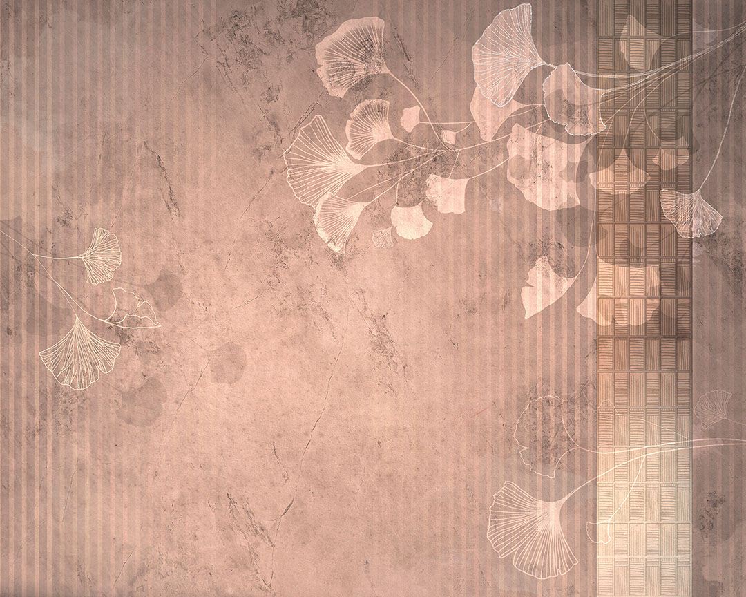 White Ginkgo leaves wall mural in Asian style on the peachy striped background