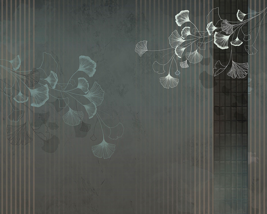 White Ginkgo leaves wall mural in Asian style on the grey striped background