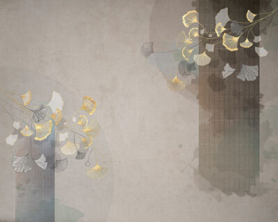 Golden Ginkgo leaves wall mural in Asian style on the beige background