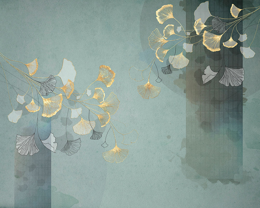 Golden Ginkgo leaves wall mural in Asian style on the turquoise background
