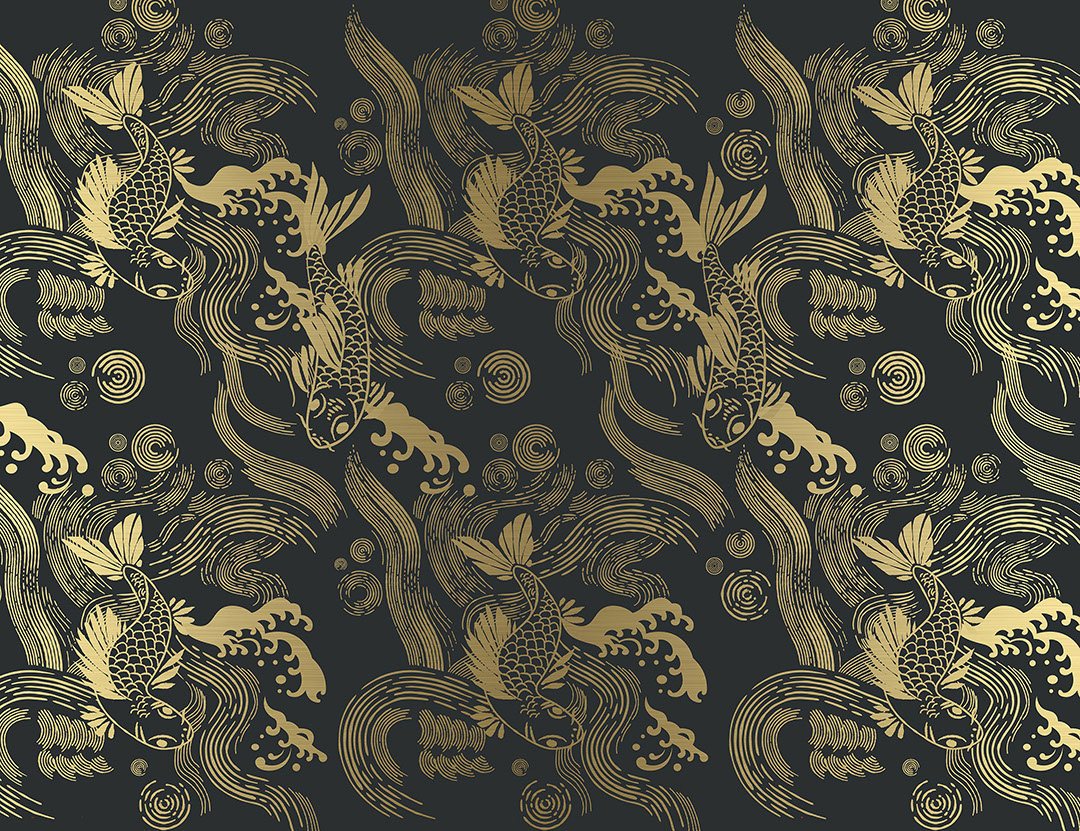 Asian-style golden carp Koi patterned wallpaper