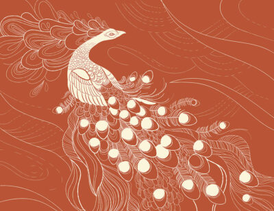 White peacock bird on the red background wall mural