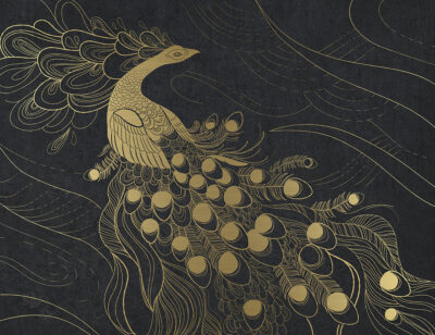 Golden peacock bird on the dark background wall mural