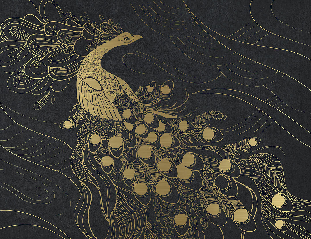 Golden peacock bird on the dark background wall mural