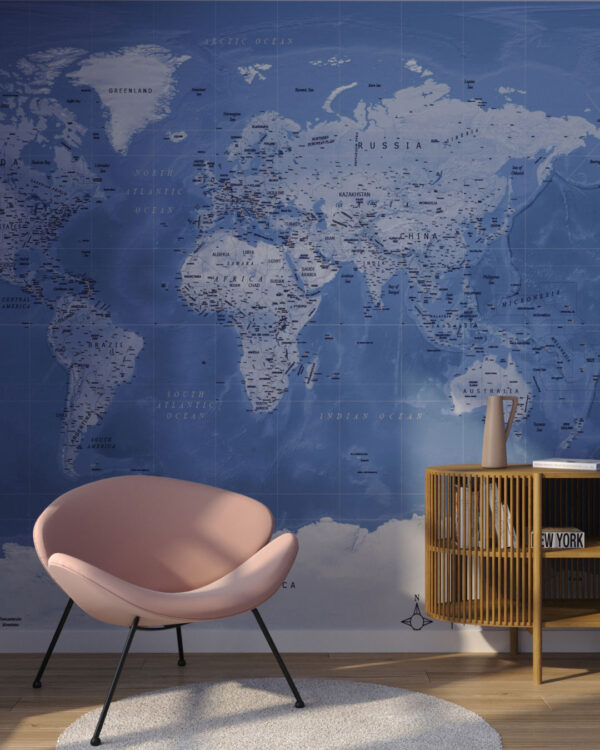 Map of the world wall mural in blue colour for the living room