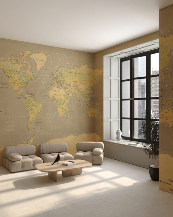 Vintage map of the world wall mural in yellow colour for the living room