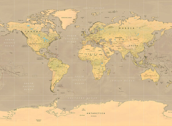 Vintage map of the world wall mural in yellow colour