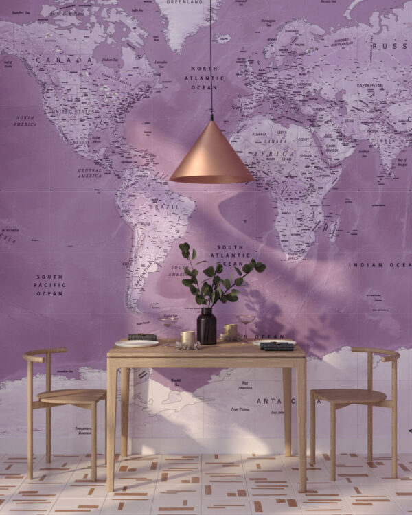 World map wall mural in pink colour for the kitchen