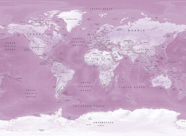 World map wall mural in pink colour