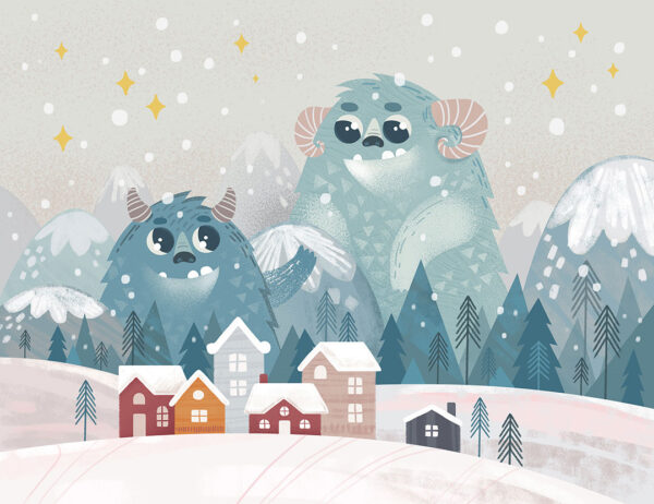 Cute blue winter monsters in the snow wall mural