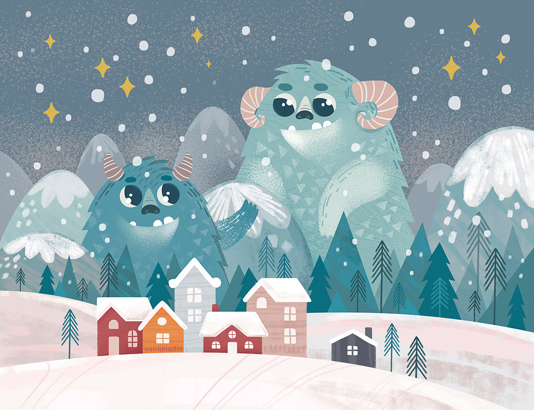 Cute blue winter monsters in the snowy night wall mural