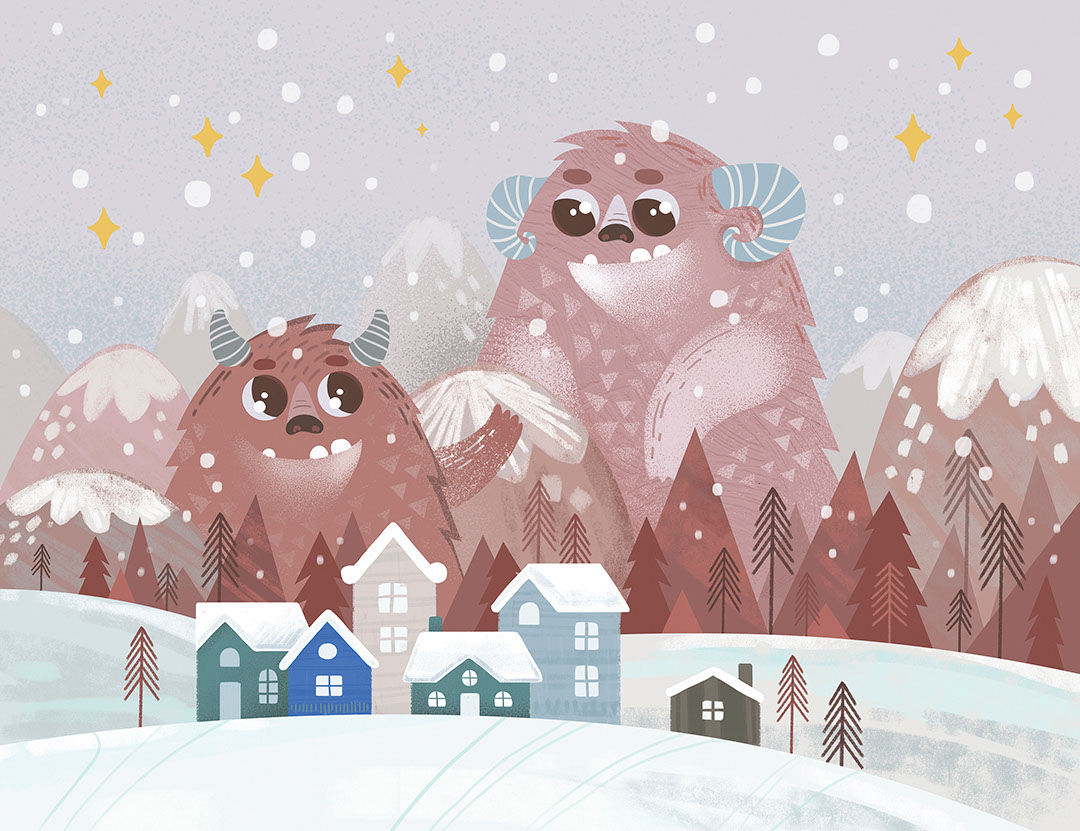 Cute brown winter monsters in the snow wall mural