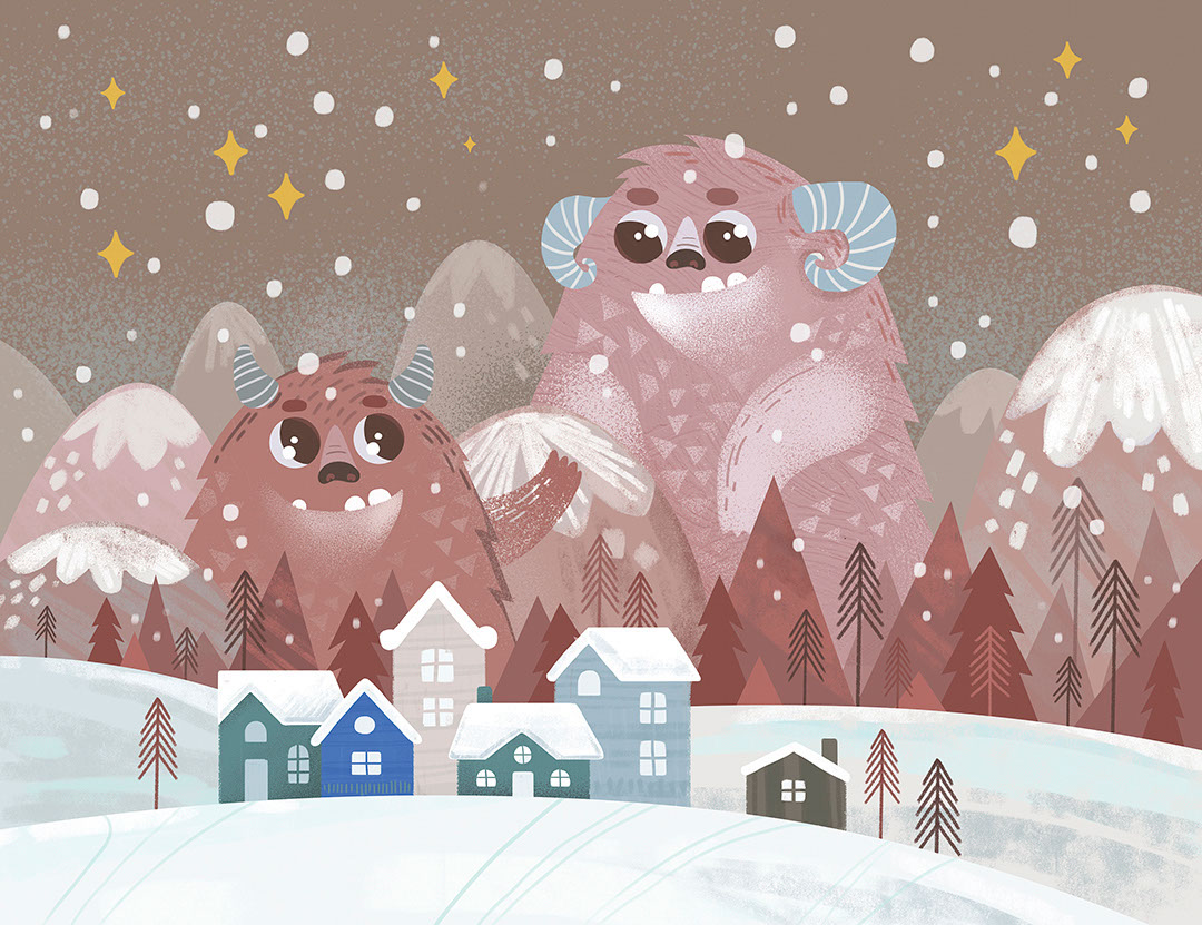 Cute brown winter monsters in the snowy night wall mural