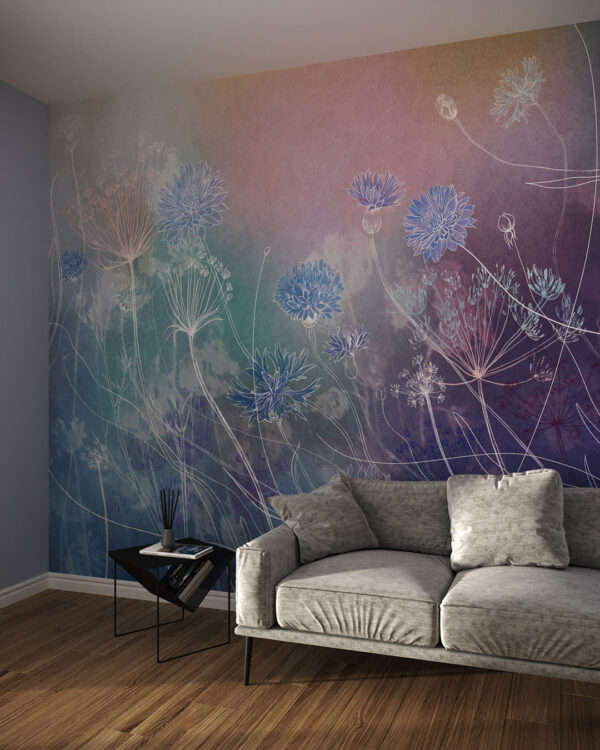 Watercolour wildflowers wall mural for the living room