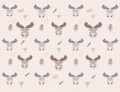Cartoon moose patterned wallpaper on the checkered beige background