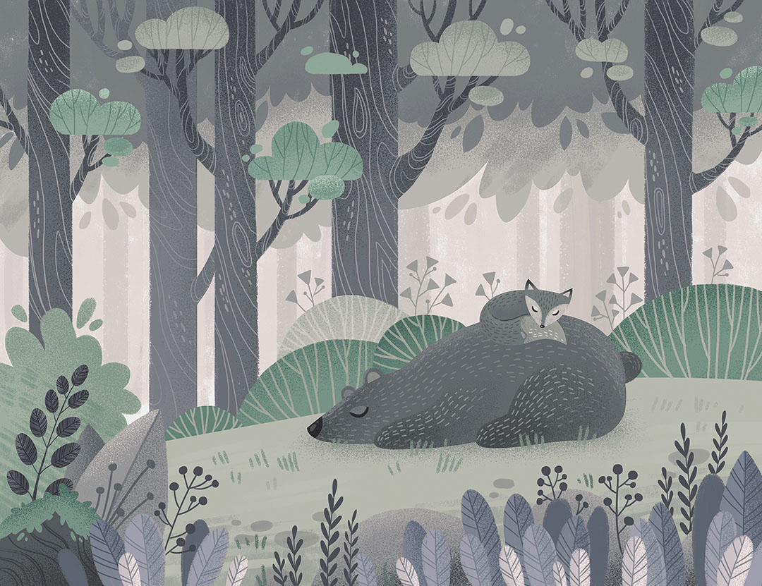 Cute bear and a fox in a dark fairy hand-drawn forest wall mural