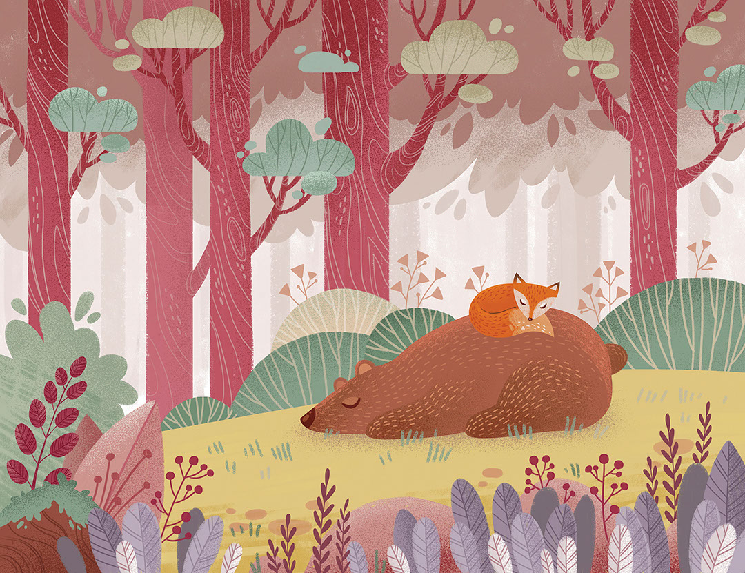 Cute bear and a fox in a bright fairy hand-drawn forest wall mural