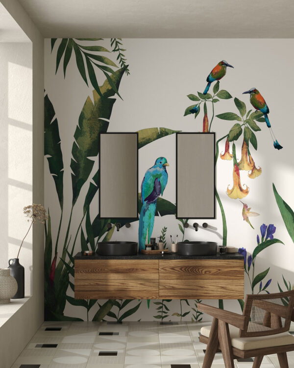 Minimalist tropics wall mural with bright birds for the bathroom