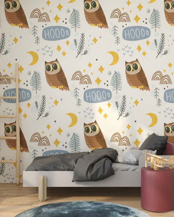 Owls and the moon patterned wallpaper for a children's room