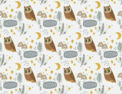 Owls and the moon patterned wallpaper on the light background