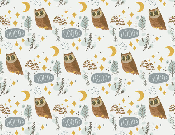 Owls and the moon patterned wallpaper on the light background