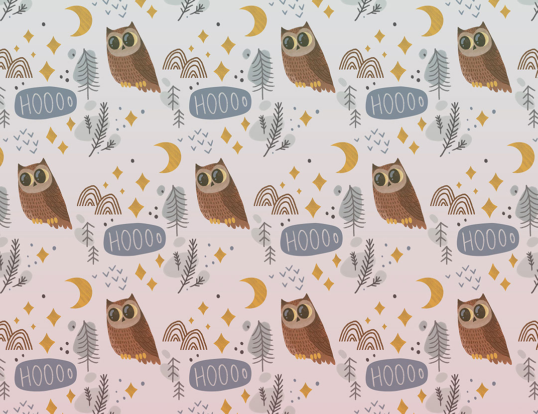 Owls and the moon patterned wallpaper on the gradient background