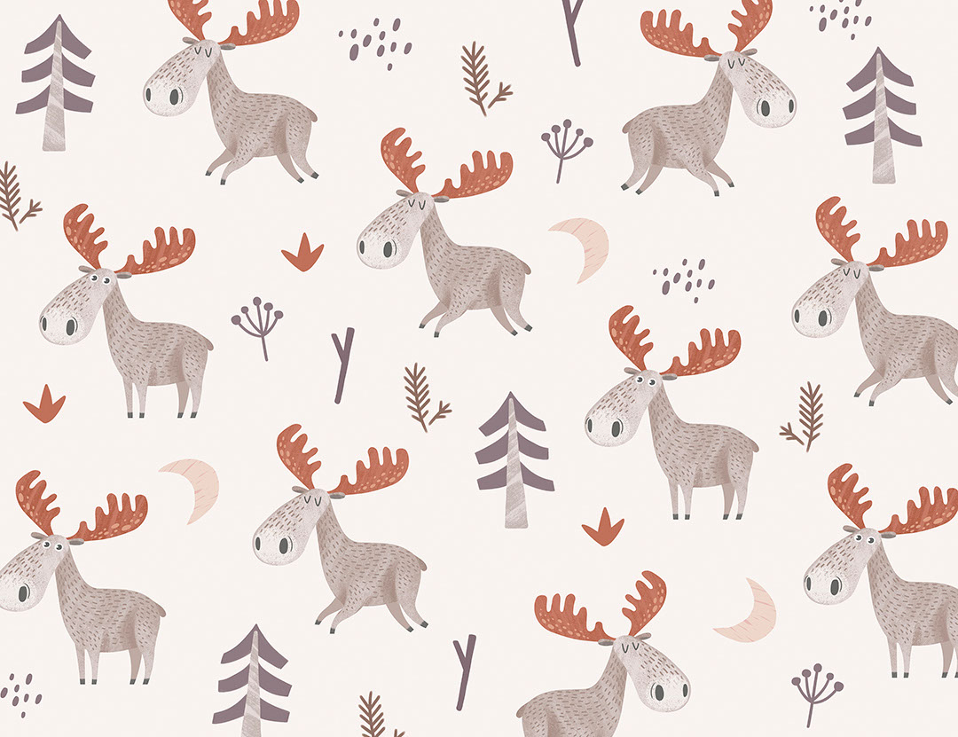 American moose with red antlers patterned wallpaper on the light background