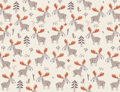 Little American moose with red antlers patterned wallpaper on the beige background