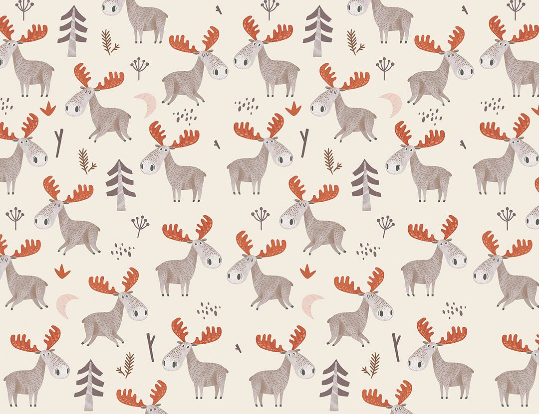 Little American moose with red antlers patterned wallpaper on the beige background