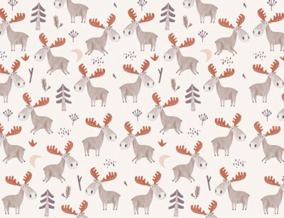 Little American moose with red antlers patterned wallpaper on the light background