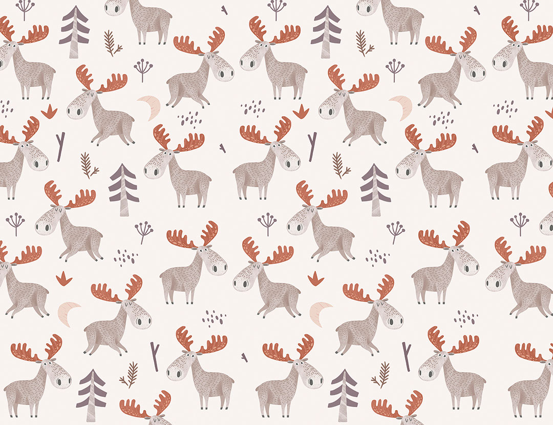 Little American moose with red antlers patterned wallpaper on the light background