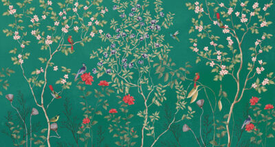 Chinoiserie wall mural with tree branches, flowers and birds on the green background