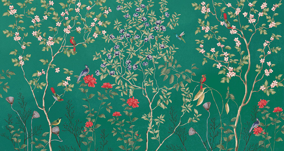 Chinoiserie wall mural with tree branches, flowers and birds on the green background