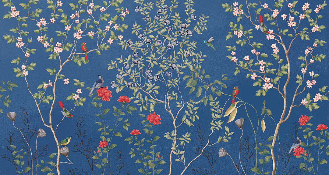 Chinoiserie wall mural with tree branches, flowers and birds on the blue background