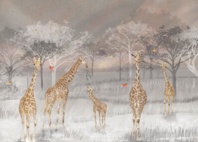 African savanna with bright giraffes and hummingbirds wall mural