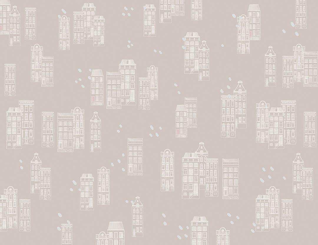 Patterned wallpaper of grey houses in the Victorian style