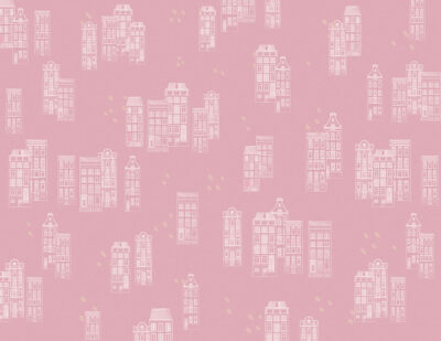 Patterned wallpaper of pink houses in the Victorian style