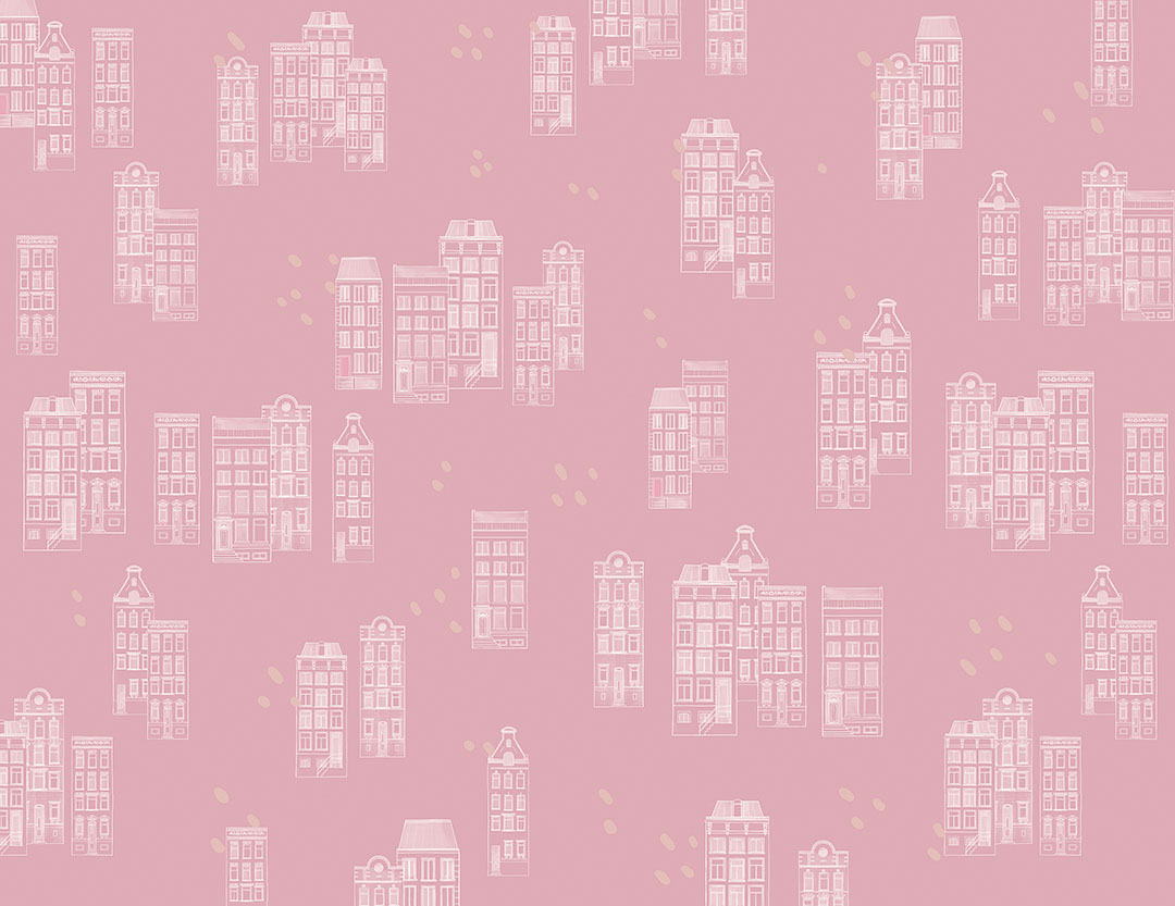 Patterned wallpaper of pink houses in the Victorian style
