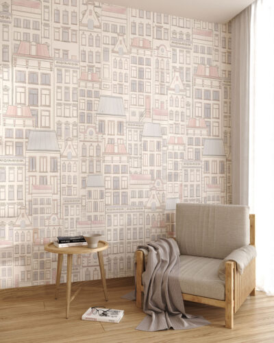 Hand-drawn minimalist houses wallpaper for the living room