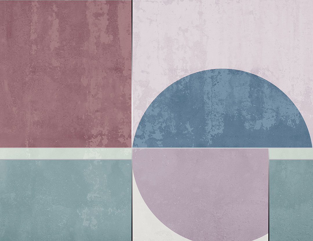Geometric blue and purple shapes wall mural with decorative plaster effect