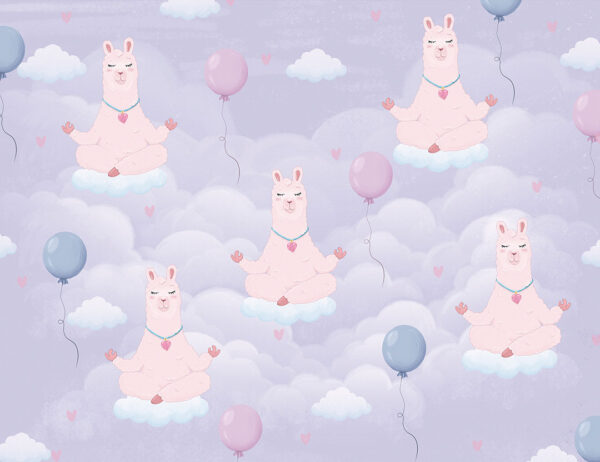 Patterned wallpaper of a llama meditating on purple clouds