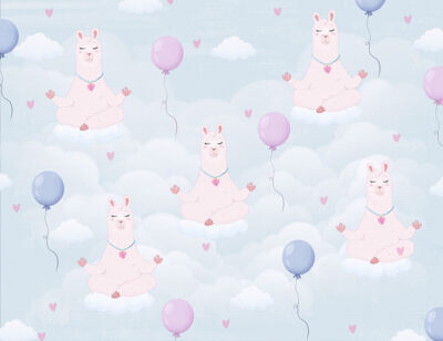 Patterned wallpaper of a llama meditating on blue clouds