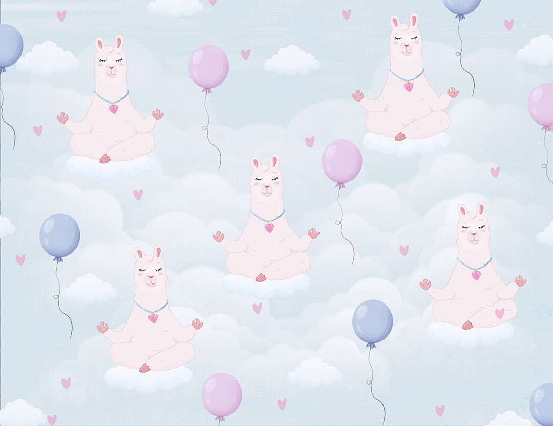 Patterned wallpaper of a llama meditating on blue clouds