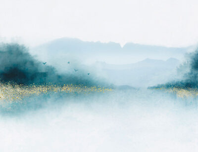 Watercolour blue forest over the lake with gold dust wall mural